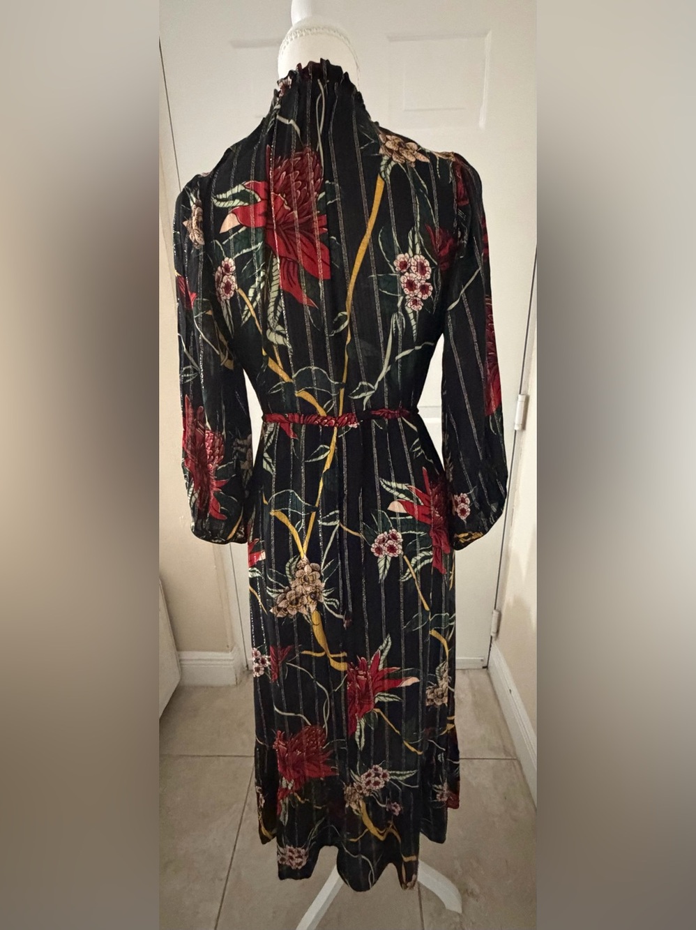 ba&sh "Patty" Black Floral Metallic Midi Dress – Size Small - Picture 4 of 9